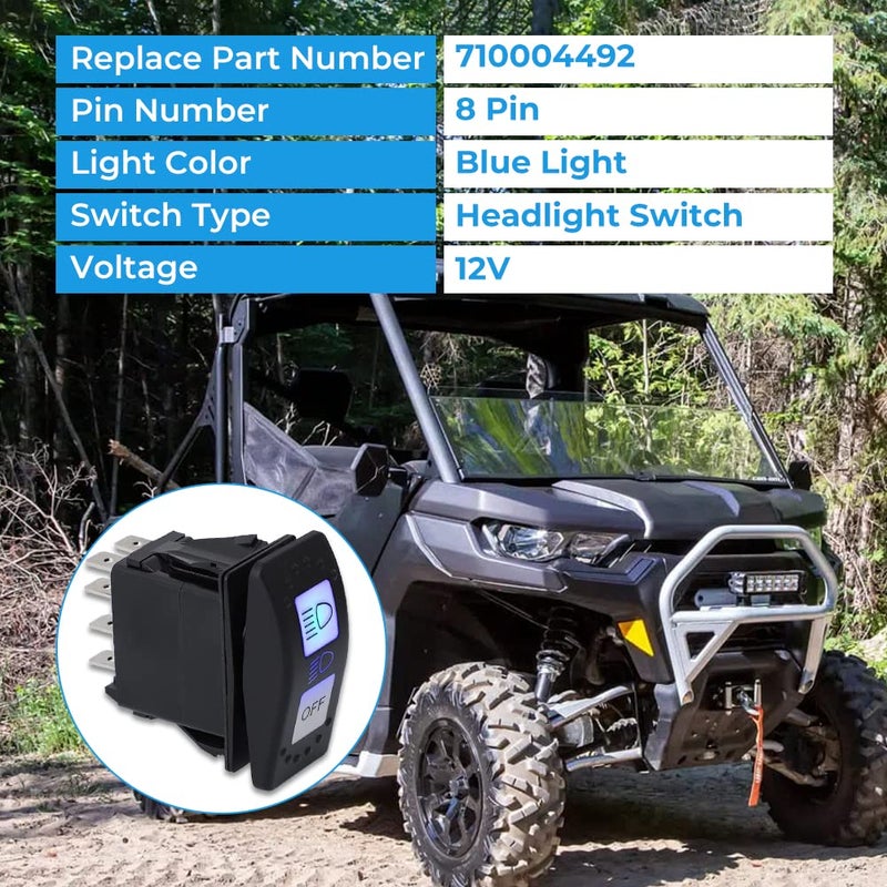 Foruly Headlight Switch for CAN-AM Maverick X3 Defender Maverick Trail and Sport 710004492, 8 Pin 20A Blue LED Light - Image 4